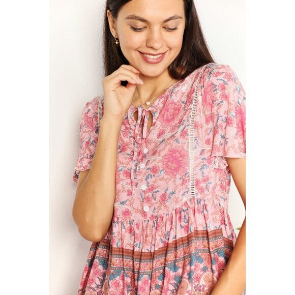 Double Take Bohemian Decorative Button Tie-Neck Peplum Blouse - Picture 13 of 14